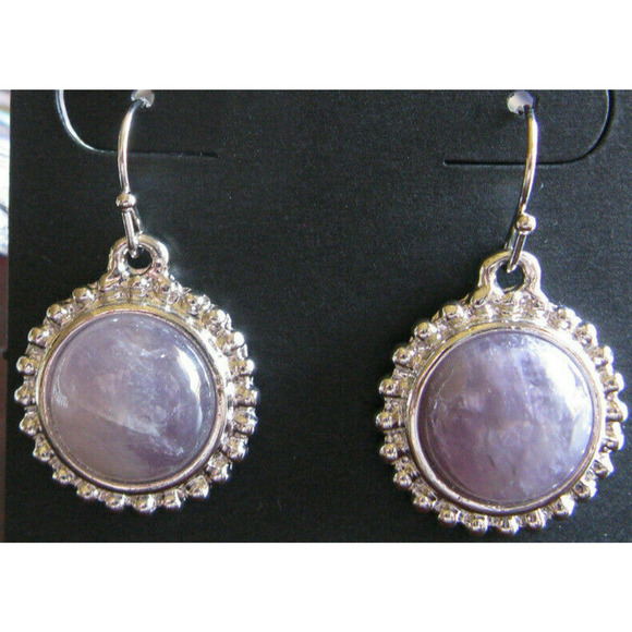 New Natural Purple Amethyst Quartz Crystal Gemstone Cabochon Silvertone Earrings - Picture 2 of 5